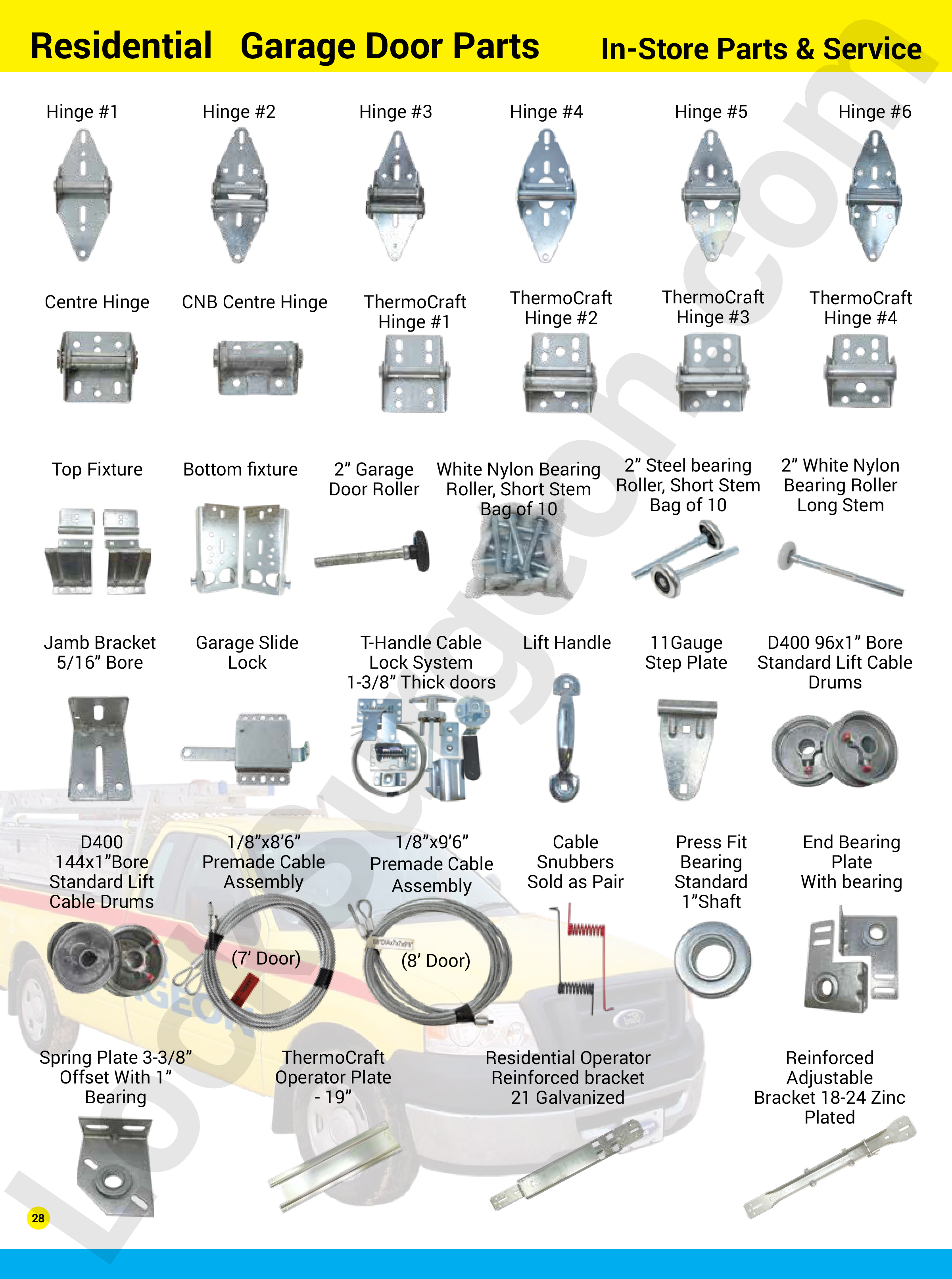 Home residential garage door replacement parts in-store and stocked on Lock Surgeon service trucks. Lock Surgeon stocks many garage door parts, bring your broken hing, spring, cable, roller, handle, bracket, drum or other garage door part to match with a replacement.